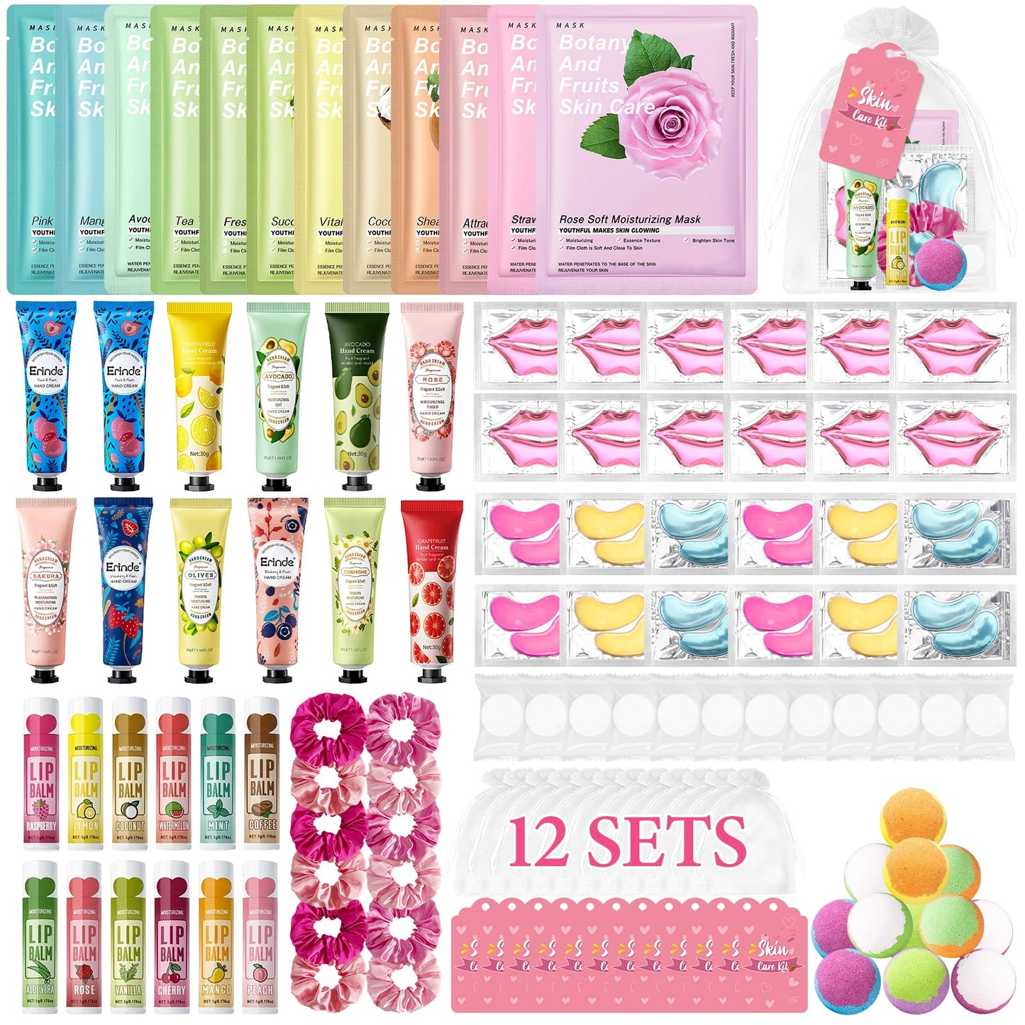 120 PCS Spa Party Supplies for Girls, Spa Party Favors Include Face Masks Skincare, Hand Cream, Lip Balm, Under Eye Patches, Lip Mask, Foot Bath Bombs, Bulk Birthday Sleepover Party Supplies for Women