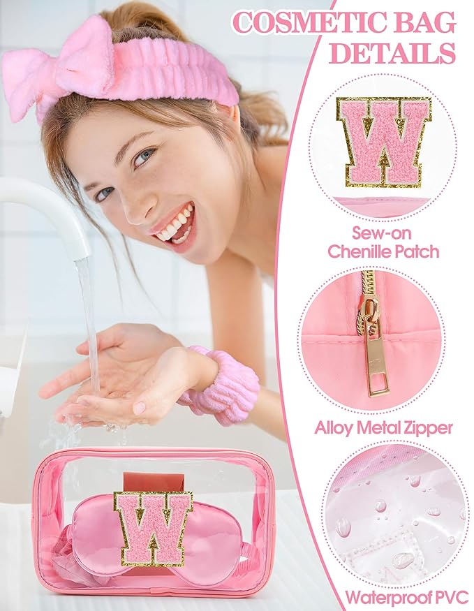 Gift Sets for Women, Initial Makeup Bag with Makeup Brush Set Bachelorette Party Favors, Pink Spa Kit with Skincare Headbands Wrist Bands Sleepover Party Supplies Gifts for Teen Girls Bridesmaid W