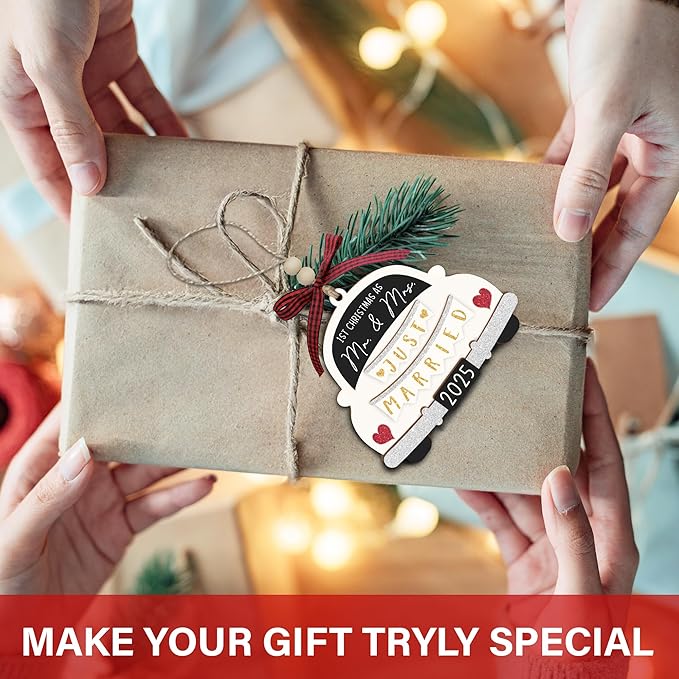 First Christmas Married Ornament 2025 - Mr and Mrs Gifts - Wedding Gifts for Couples 2025, Just Married, Newlywed Keepsake - Wooden Mr and Mrs Ornament with Gift Box