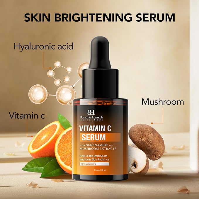 Botanic Hearth 15% Vitamin C Face Serum With Niacinamide, Hyaluronic Acid, Allantoin, Cica, Ferulic Acid & Vitamin E | Targets Dark Spots, Sun Damage, Wrinkles To Brighten & Even Tone Skin| 1Fl Oz