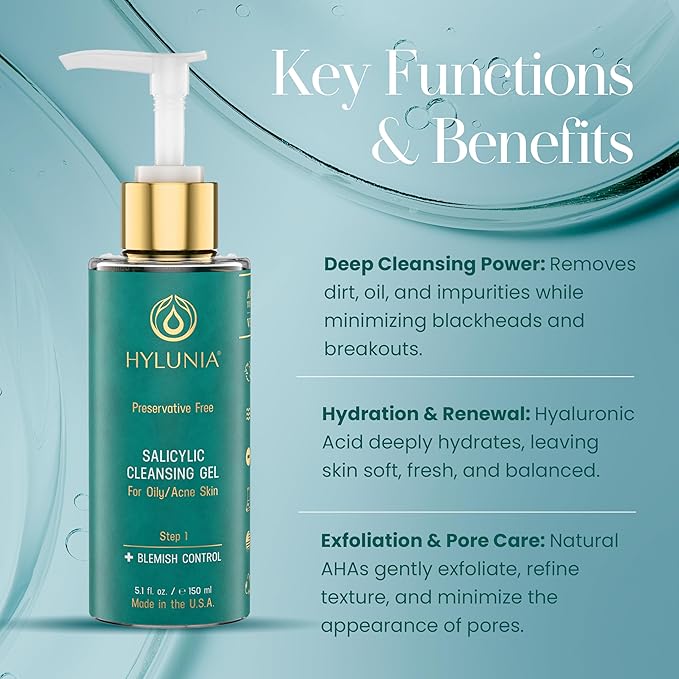 Hylunia Skincare Salicylic Facial Cleansing Gel – Deep Pore Cleanser for Oily & Acne-Prone Skin, Exfoliates, Minimizes Blackheads & Breakouts, Hydrates, Brightens Complexion, 5.1 fl. oz.