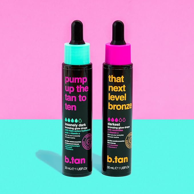 b.tan Darkest Self Tanning Drops for Face & Body | Pump Up the Tan to Ten - Insanely Dark Gradual Sunless Tanner Bronzing Glow Drops, Vegan, Cruelty Free, 1.0 Fl Oz