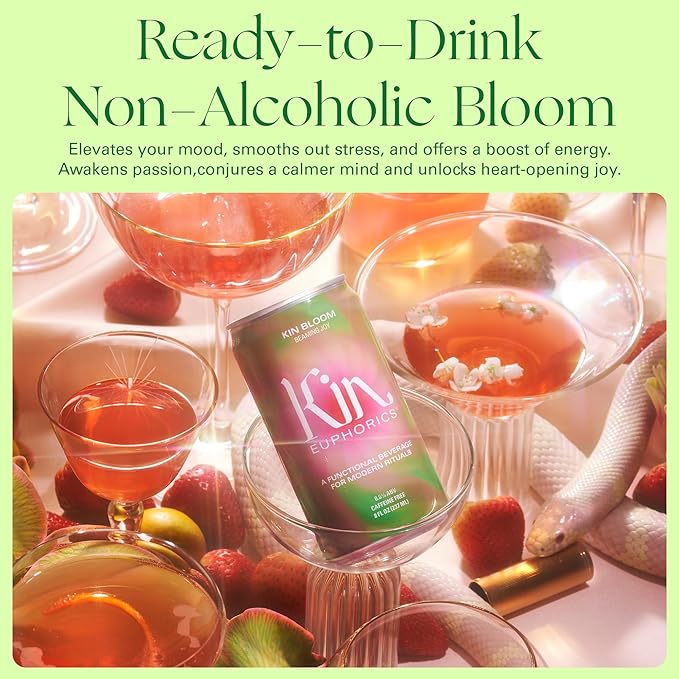 Kin Euphorics Kin Bloom Non-Alcoholic Functional Beverage | All day rosé | Elevate Your Mind & Spirit | Prebiotic | L-Theanine, Schisandra, Damiana | Ready to Drink | 8 Fl Oz (16pk)
