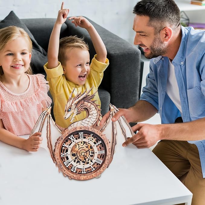 Kosmickiss 3D Wooden Puzzles Model Kits Dragon Clock for Adults, 3D Building Models DIY Crafts for Women Men, Wall Clock Puzzle Birthday Gift for Adults Home Decor