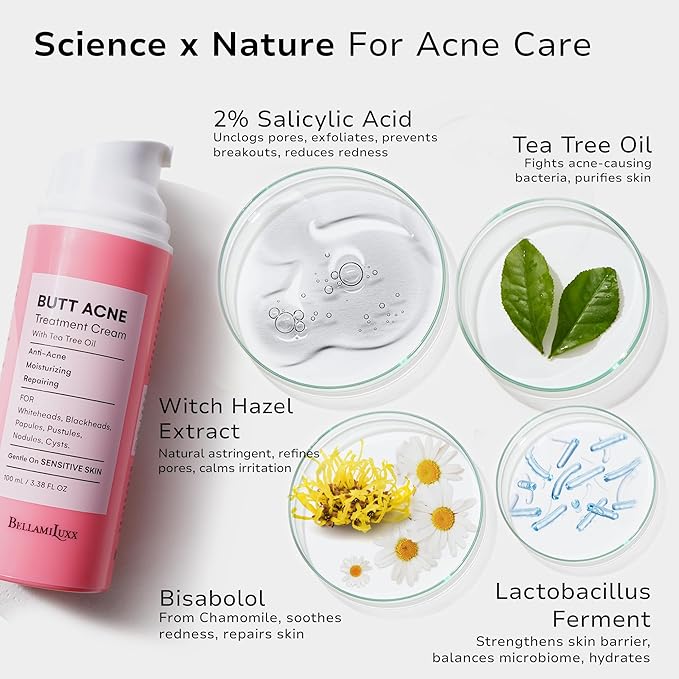 Butt Acne Clearing Treatment Cream: Body Acne Treatment for Folliculitis and Pimples on Buttocks, Thighs With 2% Salicylic Acid & Tea Tree Oil - Butt Cream for Smooth Skin