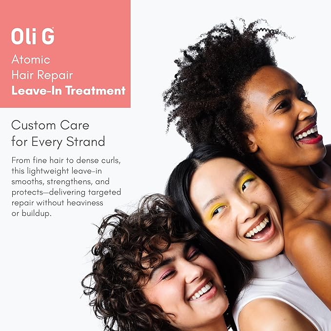 Oli G Atomic Hair Repair Leave In Treatment for Women – Anti Frizz Hair Treatment Cream with Oligopeptides & Botanical Proteins – Conditioning, Moisture & Strengthening Formula - All Hair Types - 4oz
