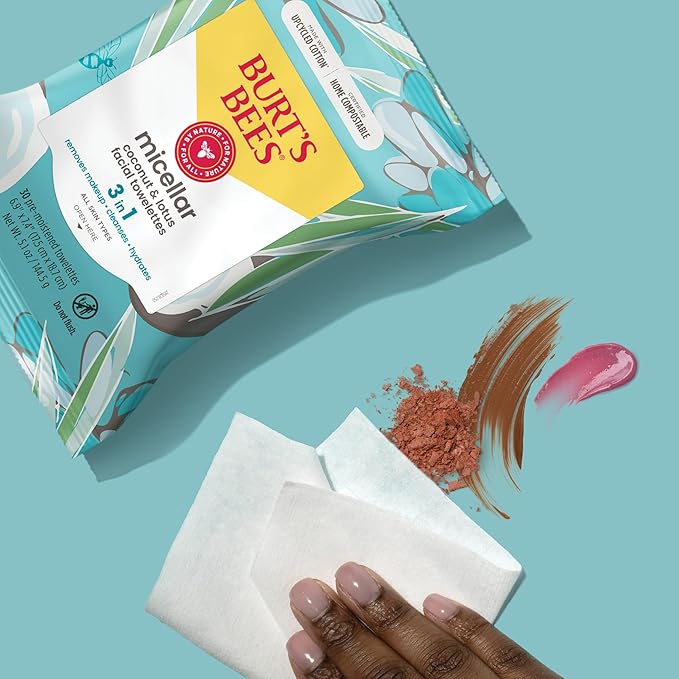 Burt's Bees Back To School Dorm Essentials, Coconut & Lotus Face Wipes, for All Skin Types, Micellar Makeup Remover & Facial Cleansing Towelettes, 30 Ct. (3-Pack)