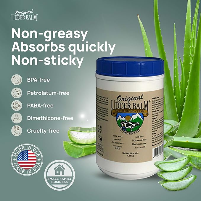 Original Udder Balm Unscented Tub - Made in USA - Hypoallergenic, Dry Skin Relief for Hands, Feet & Face, Moisturizer for Sensitive, Cracked Dry Skin, 64 Fl Oz