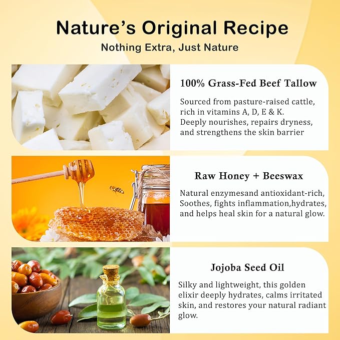Beef Tallow for Skin – Grass-Fed Beef Tallow & Raw Honey Balm, Hydrating & Nourishing - Face Body Moisturizer, Skin Barrier Repair, Travel Essentials (113g/4 oz)