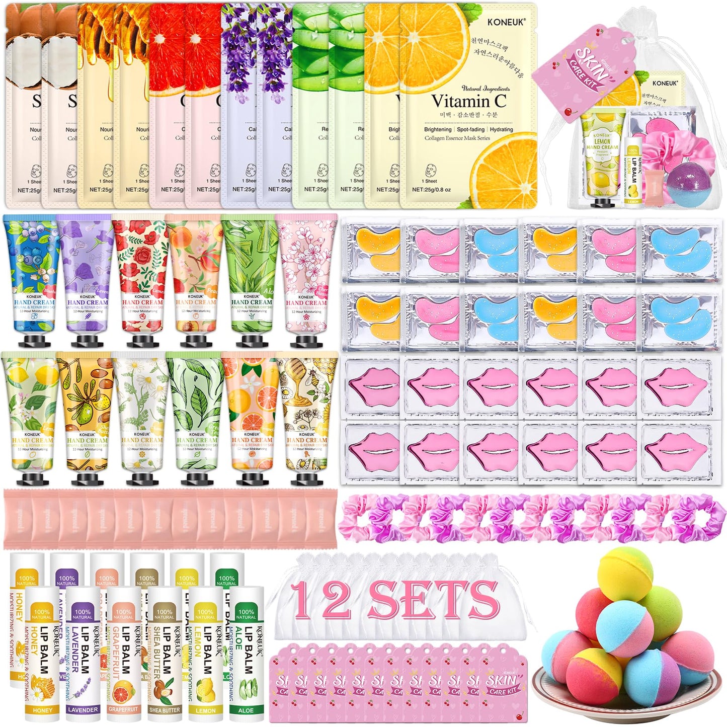 KONEUK 120 PCS Spa Party Supplies for Women, Spa Party Favors Include Face Masks Skincare, Hand Cream, Lip Balm, Under Eye Patches, Lip Mask and Foot Bath Bombs, Spa Birthday Sleepover Party Supplies