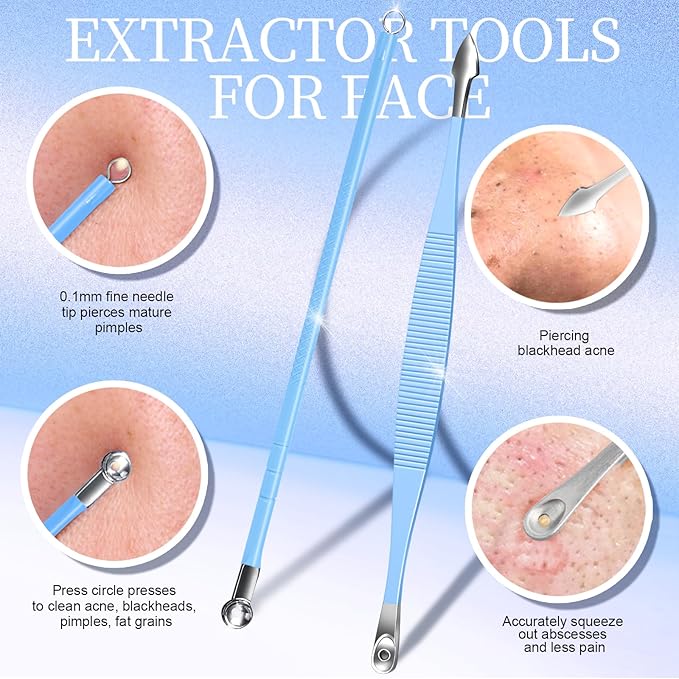 Teenitor 7 Pcs Professional Blackhead Remover Tweezers and Pimple Popper Tool Kit, Tweezers for Women Facial Hair, Blackhead Extractor, Pimple Extractor, Light Blue