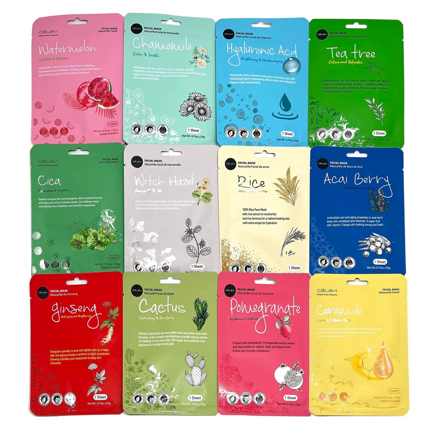 Celavi K-Beauty Skincare Essence Facial Face Mask Korea Skin Care Moisturizing C Set 36 Pack