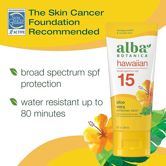 Alba Botanica Sunscreen for Face and Body, Hawaiian Aloe Vera Sunscreen Lotion, Broad Spectrum SPF 15 Sunscreen, Water Resistant and Biodegradable, 3 fl. oz. Bottle