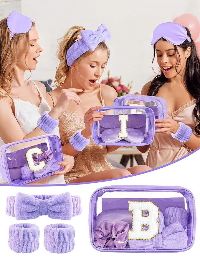 Gift Sets for Women, Initial Makeup Bag with Makeup Brush Set Bachelorette Party Favors, Purple Spa Kit with Skincare Headbands Wrist Bands Sleepover Party Supplies Gifts for Teen Girls Bridesmaid B