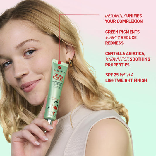 Erborian CC Red Correct - Skincare-First Green Color Corrector with Centella Asiatica, Illuminating Color Corrector with Redness Coverage & SPF 25 - Cica, Korean Skincare, 1.5 Oz