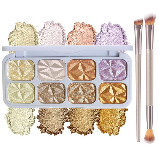 Face Highlighter Palette with Mirror, 8 Colors Glitter
