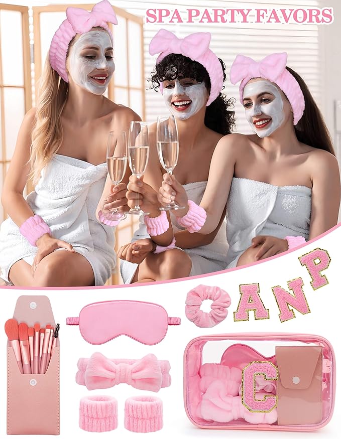 Gift Sets for Women, Initial Makeup Bag with Makeup Brush Set Bachelorette Party Favors, Pink Spa Kit with Skincare Headbands Wrist Bands Sleepover Party Supplies Gifts for Teen Girls Bridesmaid C