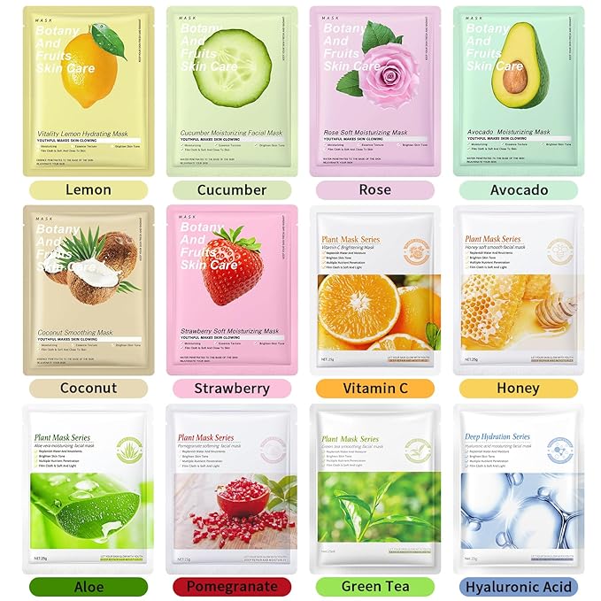 12 Pack Variety Face Masks Skincare for Women Sheet Face Mask for Kids Teens Girls, Hydrating Face Masks for All Skin Types with Natural Ingredients, Birthday Party Spa Gift for Kids Teens Girls Women