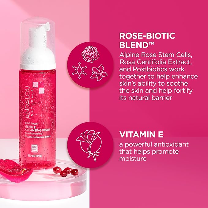 Andalou Naturals 1000 Roses Gentle Cleansing Foam | Foaming Face Wash with Rose Stem Cells & Organic Aloe Leaf Juice | Hydrating Daily Cleanser for Sensitive Skin | 5.5 fl oz