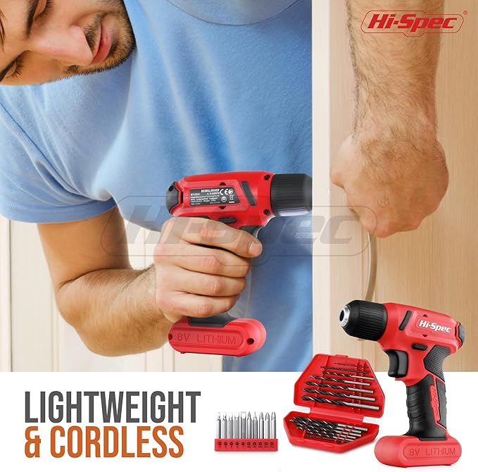 Hi-Spec 58pc Red 8V USB Electric Power Cordless Drill Driver and Home DIY Tool Kit Set. Screw Driver and Drill Bit Set Accessories, Pliers and Hammer In a Toolbox Case