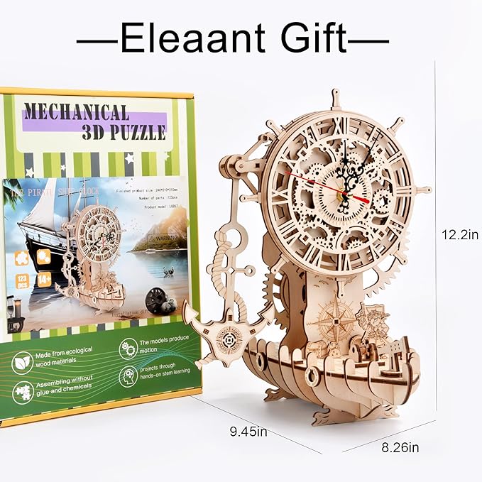 3D Wooden Puzzle Mechanical Clock – Pirate Ship DIY Model Kit for Adults & Teens, Build-Your-Own Wood Craft, Working Clock, Unique Gift & Nautical Home Decor