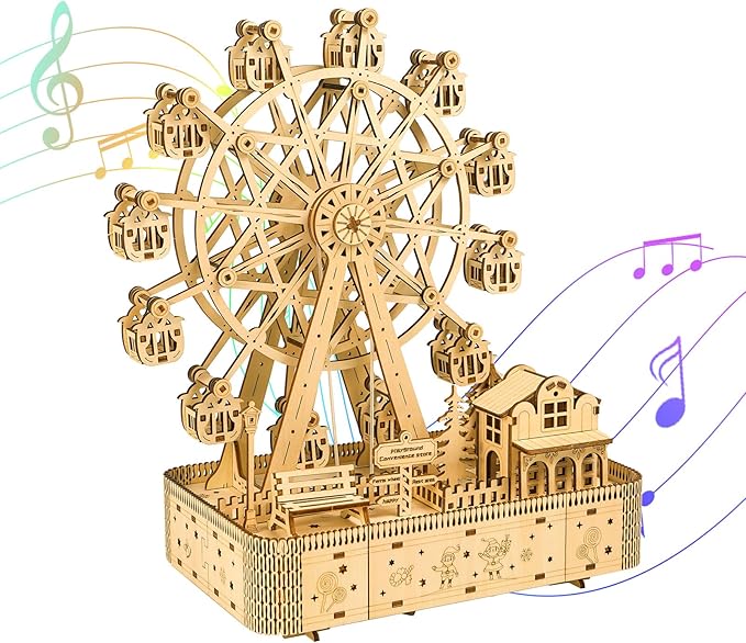 3D Wooden Puzzle Upgraded Ferris Wheels Music Box Model LED Light DIY Crafts Kits Home Decoration Brain Teaser Valentine’s Day Birthday Gift for Adults & Kids (Ferris Wheel LG)