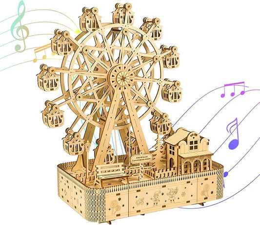 3D Wooden Puzzle Upgraded Ferris Wheels Music Box Model LED Light DIY Crafts Kits Home Decoration Brain Teaser Valentine’s Day Birthday Gift for Adults & Kids (Ferris Wheel LG)