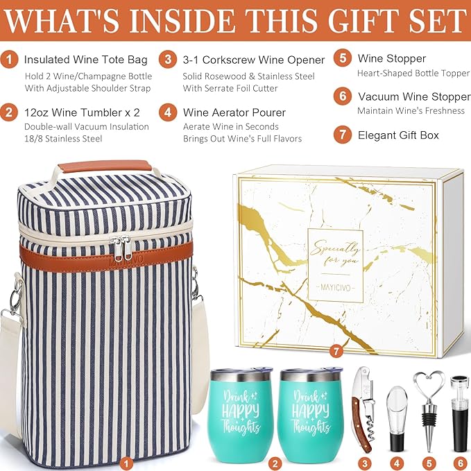 Birthday Christmas Gifts for Women Men - Wine Gift Baskets Christmas Gifts For Mom, Women, Friend, Wine Lovers, Self Care Package, Insulated Wines Tote Bag Carrier w/ Tumblers & Wines Accessories Set