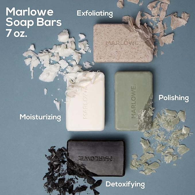 MARLOWE. No. 102 Body Scrub Soap 7 oz (6 Bars), Oud Wood, Exfoliating Soap Bar with Shea Butter, Olive Oil & Green Tea Extracts, Cleanses, Smooths & Revitalizes Skin, Earthy & Smoky Scent