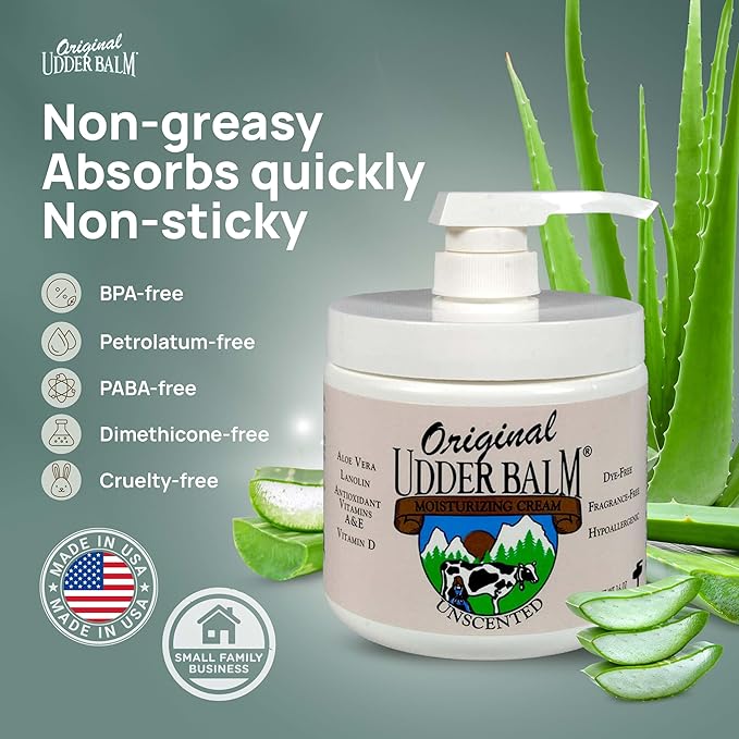 Original Udder Balm Unscented Pump Jar - Made in USA - Hypoallergenic, Dry Skin Relief for Hands, Feet & Face, Moisturizer for Sensitive, Cracked Dry Skin, 16 Fl Oz