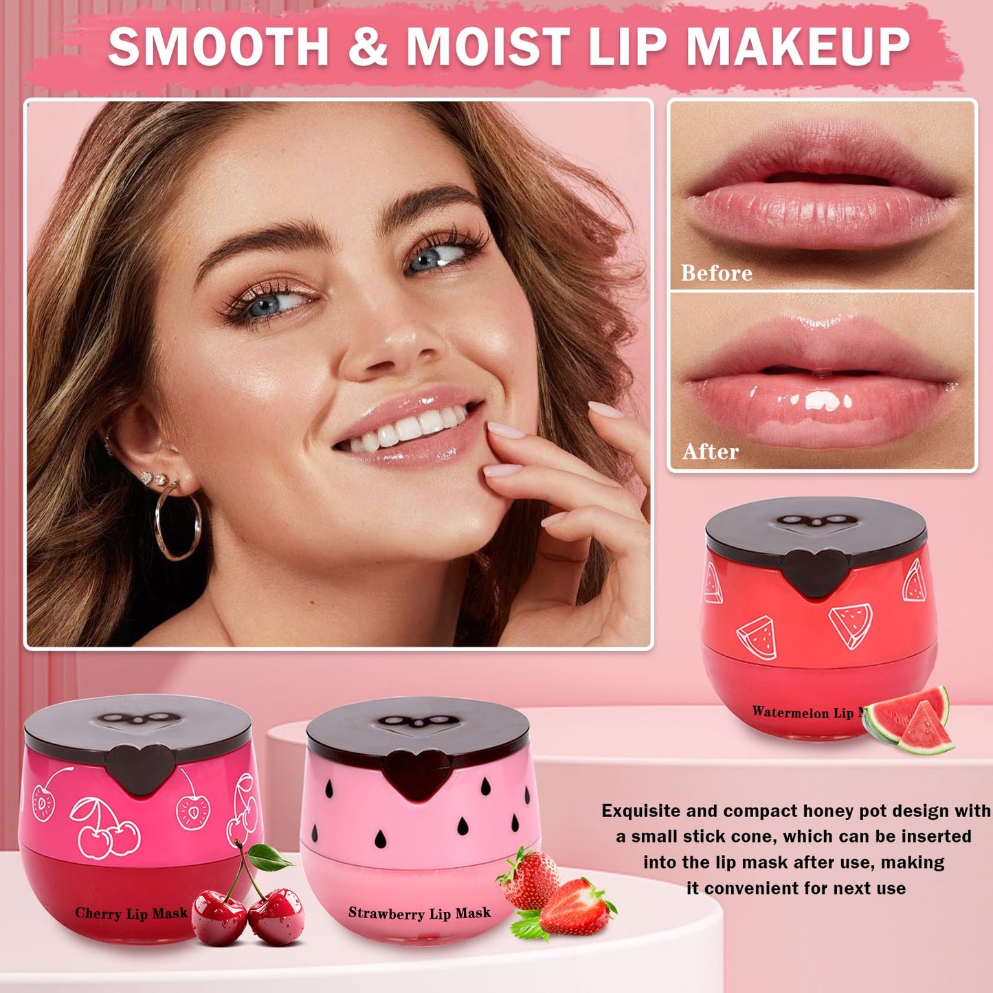 ZHISHUDL Bee Lip Balm Honey Pot 3PCS Strawberry Watermelon Cherry Lip Balm Lip Sleeping Mask Moisturizing Hydrating Bee Lip Balm Reduces Lip Lines, Lip Care Products for All Skin Types