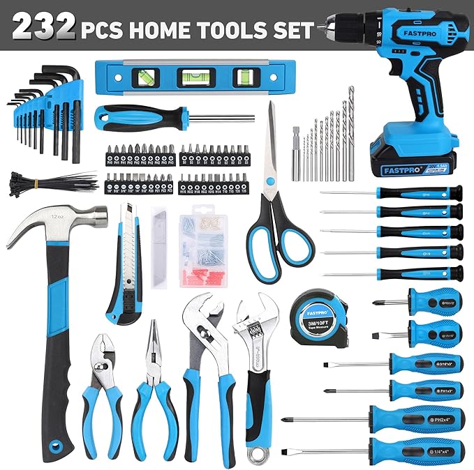 FASTPRO 232-Piece 20V Cordless Drill Driver & Home Tool Set, Home Repairing Tools Kit with Drill, 12-Inch Wide Mouth Open Storage Bag, Blue