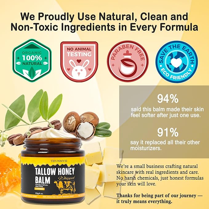 Beef Tallow for Skin – Grass-Fed Beef Tallow & Raw Honey Balm, Hydrating & Nourishing - Face Body Moisturizer, Skin Barrier Repair, Travel Essentials (113g/4 oz)
