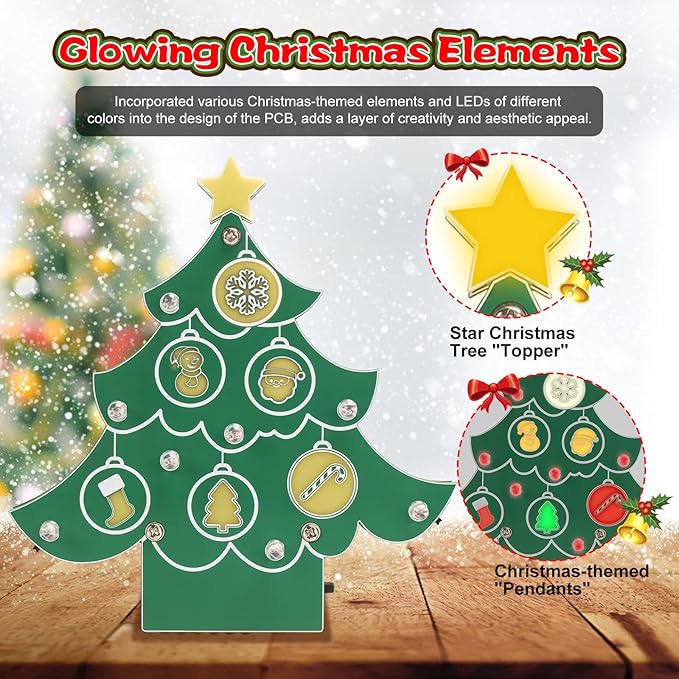 ICSTATION Christmas Tree Soldering Kit, Musical Christmas Tree Soldering Project With 3 Light Modes Colorful Christmas Elements Xmas Tree DIY Electronic Kit for Learning Education Desktop Decoration