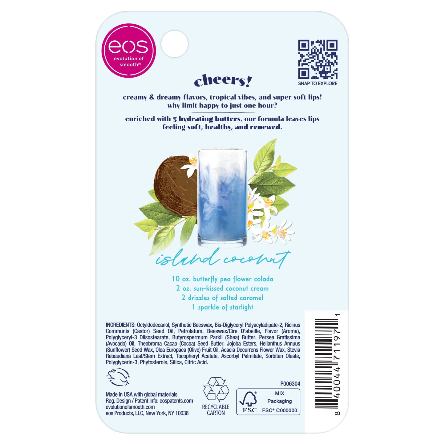 eos Sunset Sips Lip Butter Tube- Island Coconut, 24-Hour Moisture, Overnight Lip Mask, Lip Care Products, 0.35 fl oz