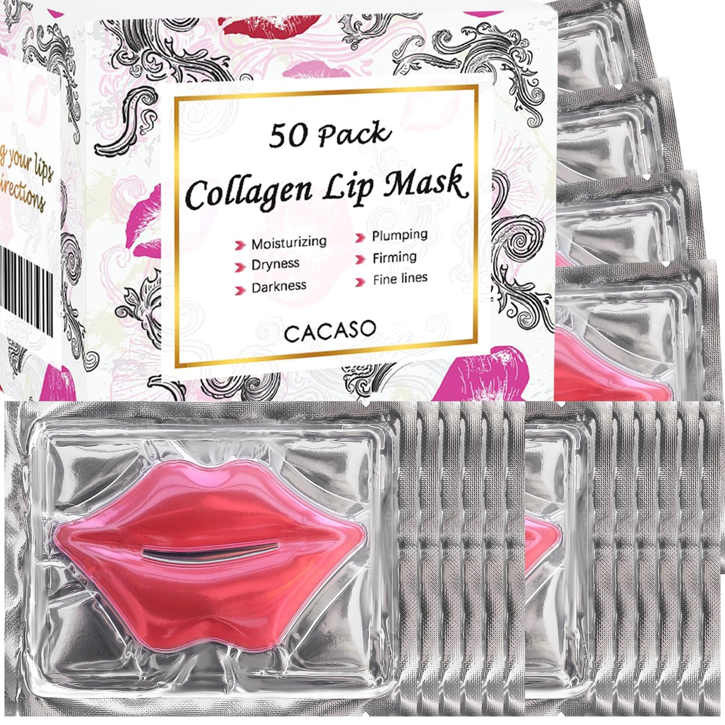 CACASO 50 Pcs Lip Mask Sheet - Crystal Lip Masks, Moisturizing Rose Pink Lip Masks, Anti-Chapped, Anti-Wrinkle