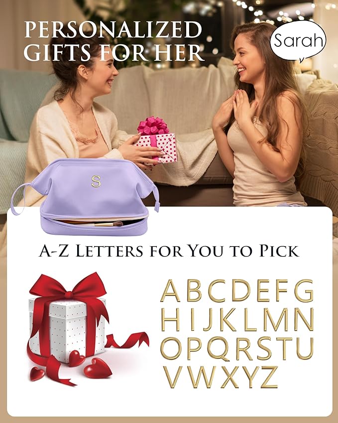 Initial Makeup Bags, Friend Gifts, Personalized Double Layer Cosmetic Bag with Makeup Brush Organizer, Waterproof, Large Capacity PU Leather Travel Toiletry Bag, Birthday Gifts for Girls