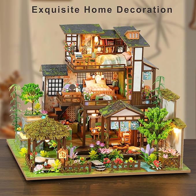 ISSEVE DIY Miniature House Kit, Tiny House Dollhouse Kit for Adults, Mini House Building Kits, Halloween Christmas Home Bookshelf Decoration, Gifts for Family and Friends (Bamboo Spring Courtyard)