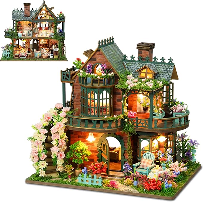 ISSEVE DIY Miniature House Kit, Tiny House Dollhouse Kit for Adults, Mini House Building Kits, Halloween Christmas Home Bookshelf Decoration, Gifts for Family and Friends (Fairy Garden House)