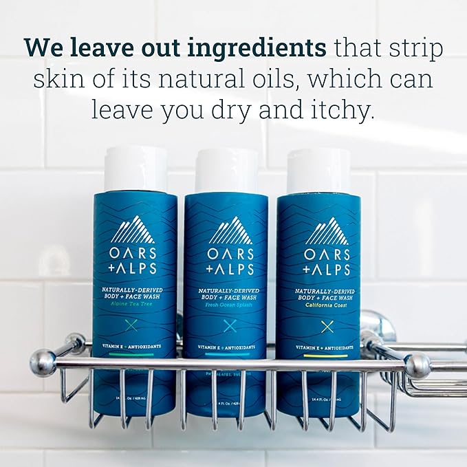 Oars + Alps Men's Moisturizing Body and Face Wash, Skin Care Infused with Vitamin E and Antioxidants, Sulfate Free, Fresh Ocean Splash, 3 Pack