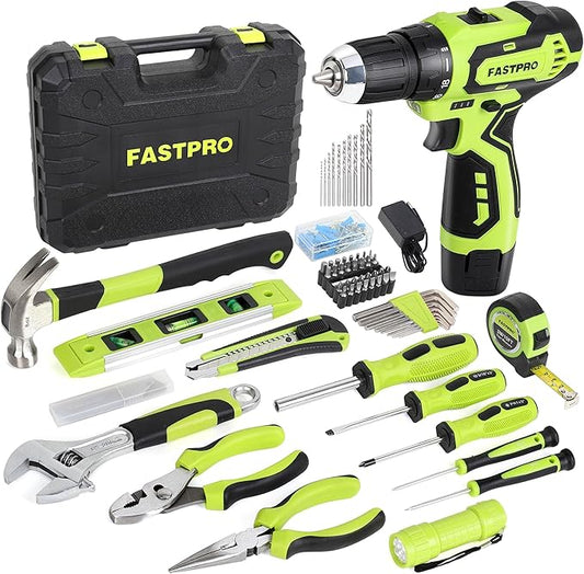 FASTPRO 160-Piece Home Tool kit with Drill, 12V Cordless Lithium-ion Drill Driver and Household Repairing Tool Set with Storage Case, For DIY, Home Maintenance, Green
