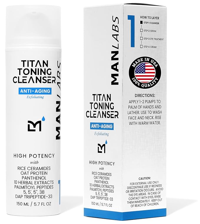 Titan Anti-Aging Mens Face Wash - For Men, Cleanse, Hydrate, Revitalize - Gentle Exfoliating Face Cleanser - Men, Skin Care - Herbal Extracts, Ceramides, Peptides, All Skin Types - Unscented