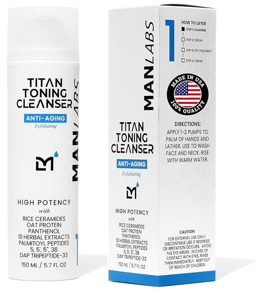 Titan Anti-Aging Mens Face Wash - For Men, Cleanse, Hydrate, Revitalize - Gentle Exfoliating Face Cleanser - Men, Skin Care - Herbal Extracts, Ceramides, Peptides, All Skin Types - Unscented