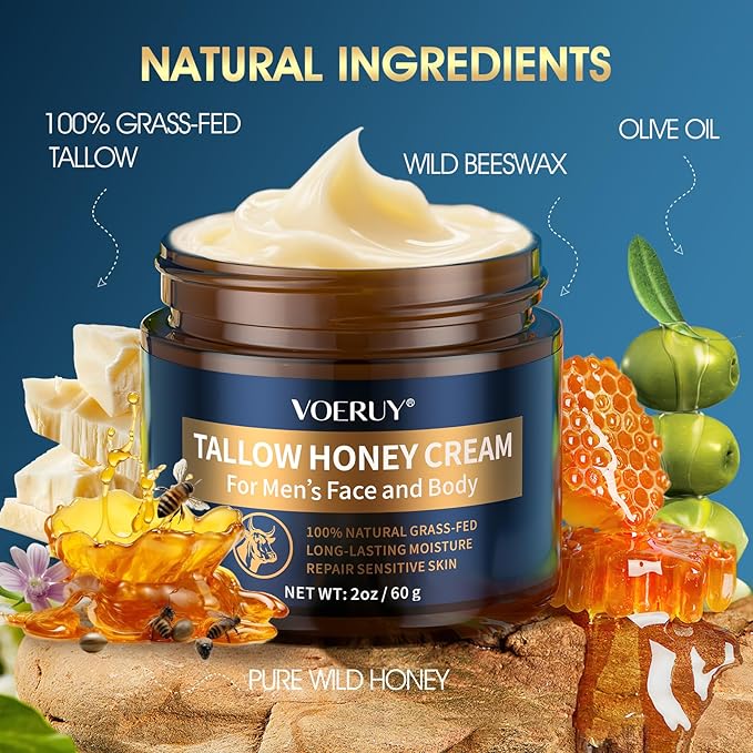 Tallow Balm for Skin, Men's Face Moisturizer Cream with Raw Honey for Reduce Wrinkles, Natural Grass-Fed Tallow Moisturizer for Face and Body, Organic Tallow for All Skin Types, 2oz/60g