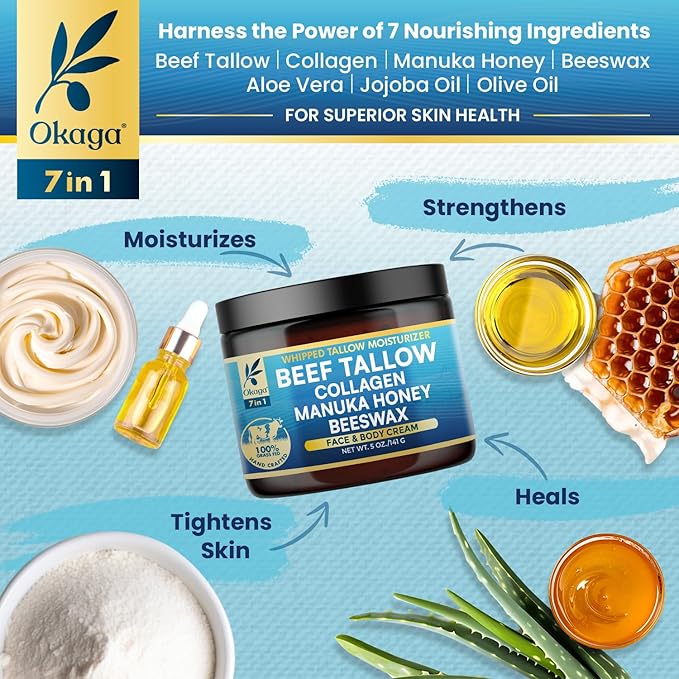 Organic Beef Tallow for Skin, Organic Grass-Fed Beef Tallow Balm with Manuka Honey, Aloe Vera, Jojoba Oil, Collagen & Beeswax, Olive Oil, Moisturizer for Dry Skin, Nourishes Face, Body & Lips (3 Pack)
