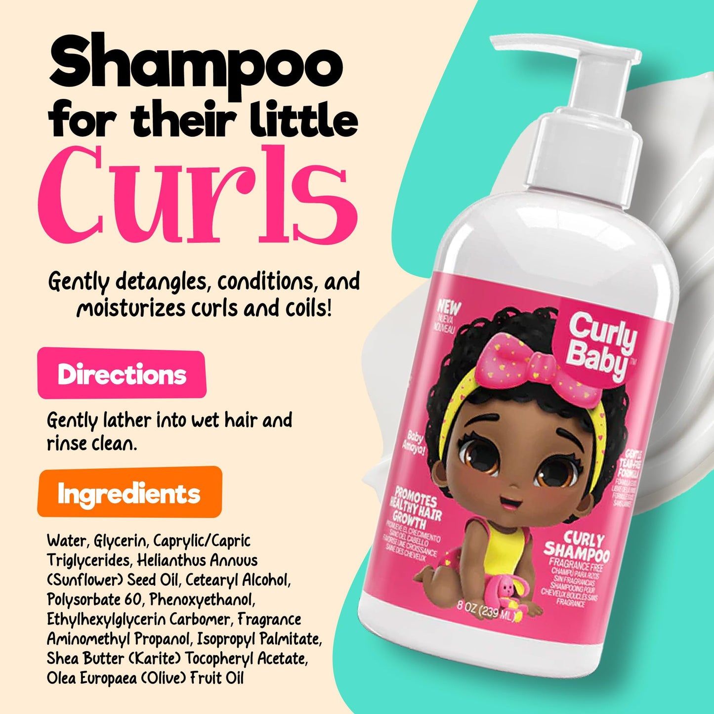 CurlyBaby Girl Bundle GM Curls – Tear-Free Shampoo, Moisturizing Conditioner Smoothie & 3-in-1 Good Morning Spray for Kids & Toddlers with Curly Hair – Daily Haircare, Hydrating, Growth-Friendly Set