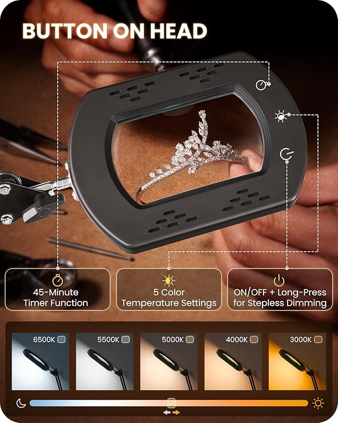 10X Round Magnifying Glass with Light and Stand, 2-in-1 LED Lighted Desk Lamp & Clamp, 5 Color Modes Stepless Dimmable, Hands-Free Magnifier Desk Lamp for Reading Craft Close Work B02DL05