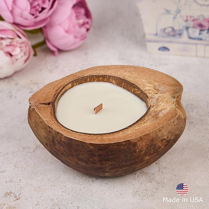 Scented Candle Clearance, Wooden Wick Soy Candles in a Big Coconut Shell, Relaxation Gifts for Women, Room Decor Natural Candles Non-Toxic (Coffee on The Shores of Bali)