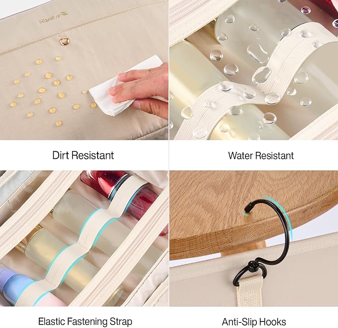 Hanke Hanging Travel Toiletry Bag for Women with Jewelry Organizer Compartment, Travel Essentials Toiletries and Makeup Bag, Water-Resistant & Stain-Resistant with Trolley Strap (Apricot)