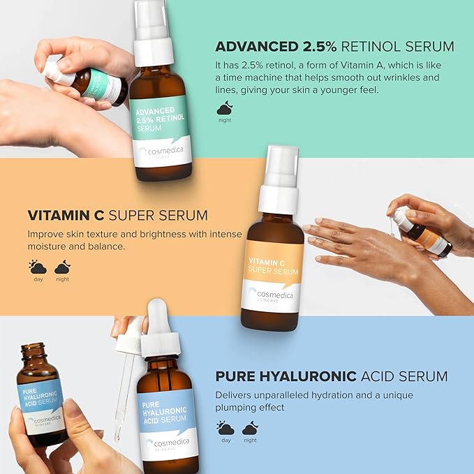 Cosmedica Skincare Facial Serum Trio Set Value for Clear Skin - Vitamin C Super Serum, 2.5% Retinol Serum, Pure Hyaluronic Acid Serum – Vegan, Cruelty-Free Skincare 3 pack